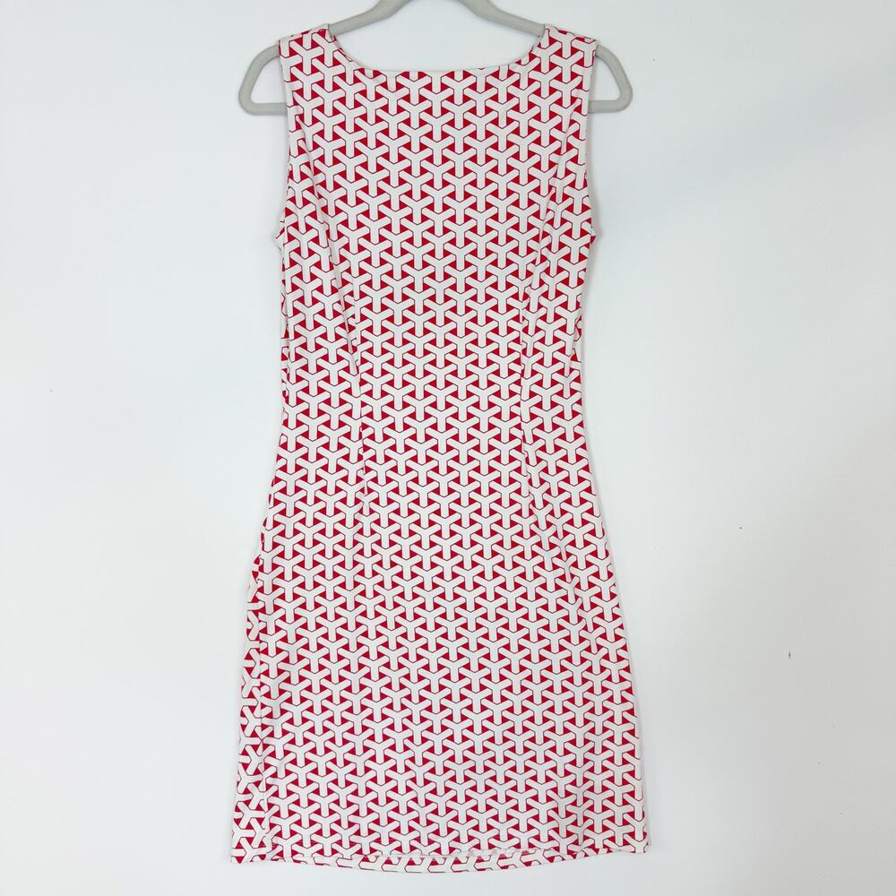 J. McLaughlin Sleeveless Ruched Dress Coral  & White Geometric Women's Medium - Picture 4 of 13